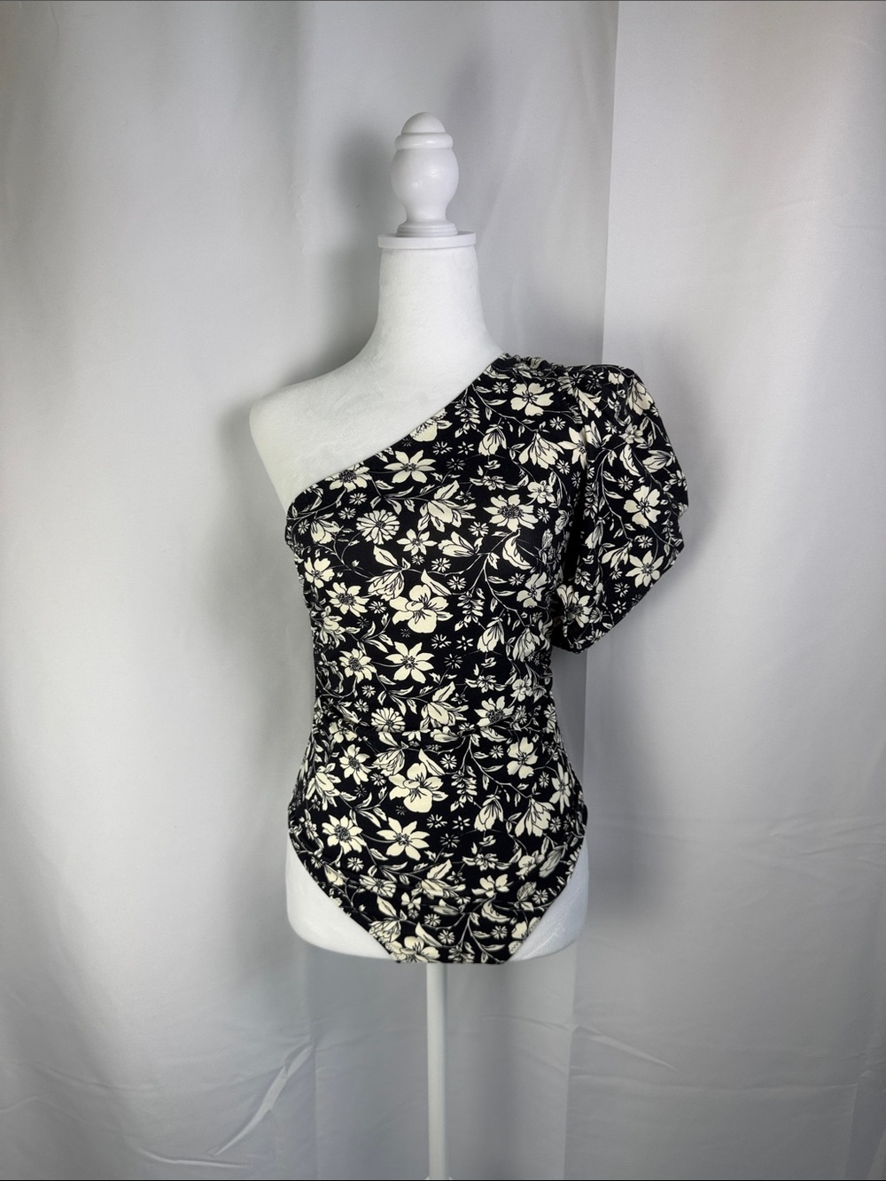 Free People One-Shoulder Puff Sleeve Floral Bodysuit - Black & Cream